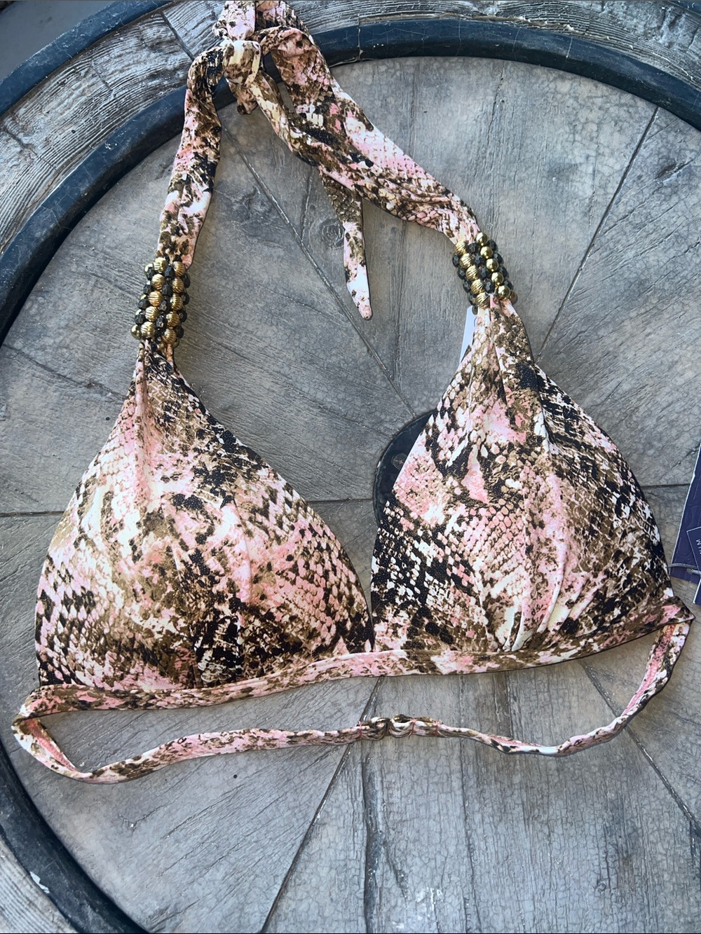 Snake Print Halter Bikini Top in Pink and Brown pads and lift BT2